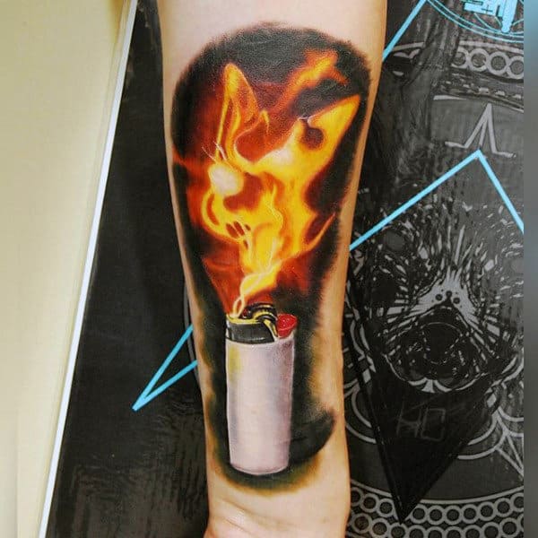 Creative Mens Tattoo Flames On Arm Of Lighter
