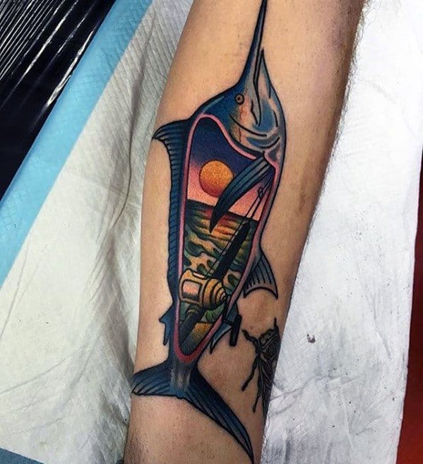 Creative Mens Tattoo Ideas With Marlin Design On Forearm
