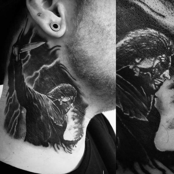 Realistic black and gray Michael Myers tattoo on the neck, featuring the iconic masked killer wielding a knife with lightning effects.