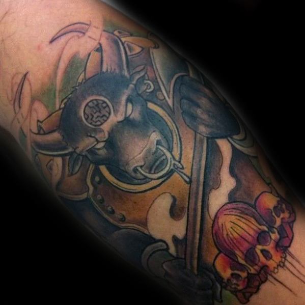 Creative Minotaur With Skulls Arm Tattoos For Men