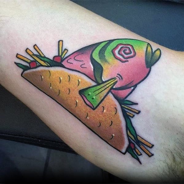 Creative Modern New School Fish Inside Taco Mens Inner Arm Tattoo