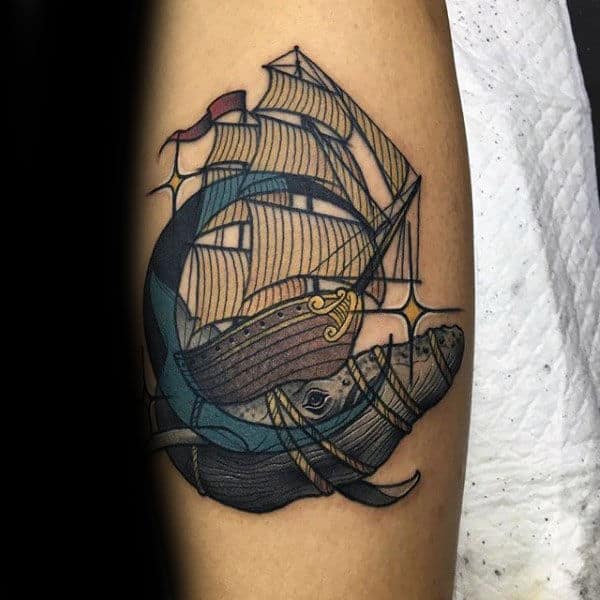 Creative Moon Whale Sailing Ship Guys Forearm Tattoo