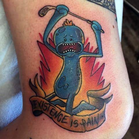 Tattoo of a distressed Mr. Meeseeks from Rick and Morty holding a golf club above his head, with flames and a banner reading 'Existence is Pain.'