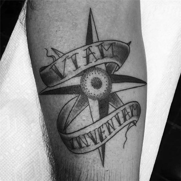 Creative Nautical Star Banner Latin Tattoos For Men On Inner Forearm