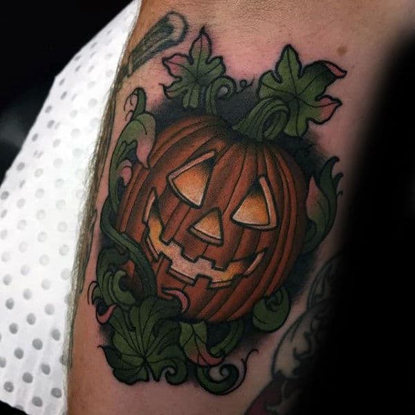 Creative Neo Traditional Jack O Lantern Male Pumpkin Tattoos