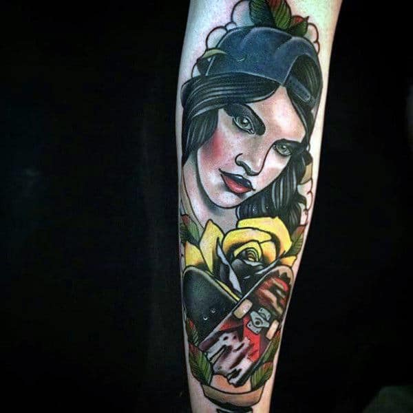 Creative Neo Traditional Mens Skateboard Portrait Tattoo With Yellow Rose Flower