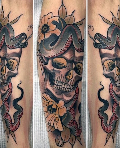 Neo-traditional tattoo of a snake coiled around a skull, accented with bold flowers and striking shading for a classic yet dynamic design.