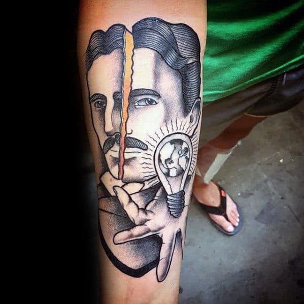 Creative Nikola Tesla tattoo with a split-face design, hand holding a glowing lightbulb, and surreal geometric elements.