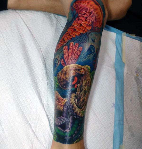 Creative Octopus With Jellyfish Ocean Mens Leg Sleeve Tattoo