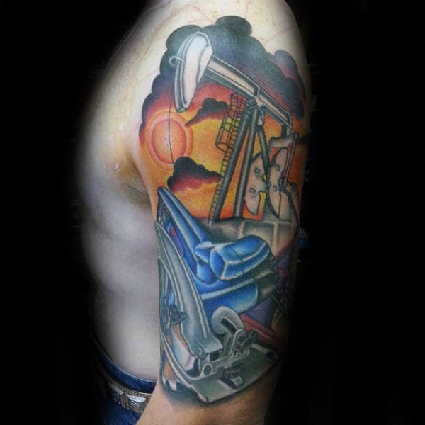 Creative Oilfield Themed Mens Half Sleeve Tattoo Design Inspiration