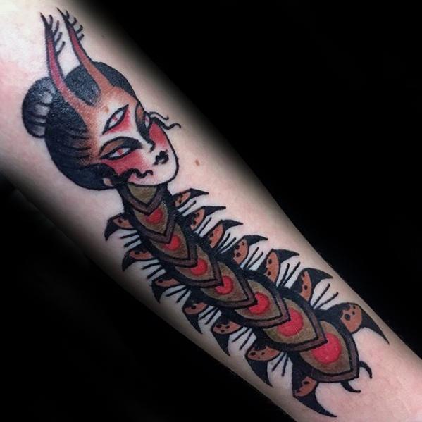 Creative Old School Traditional Centipede Tattoos For Men On Forearm