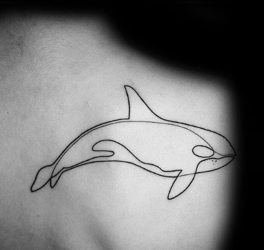 Minimalist black line orca tattoo on the upper back, featuring simple, fluid lines that capture the graceful shape of the whale.