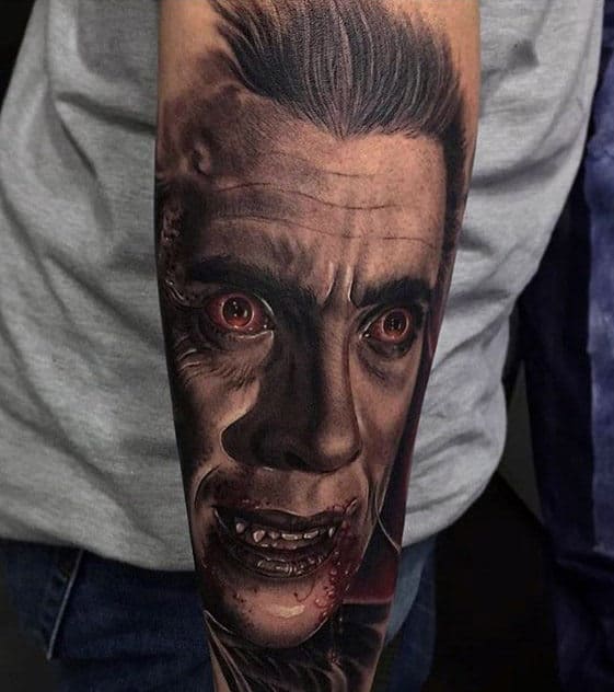 Creative Outer Forearm Dracula Portrait Mens Tattoo Inspiration