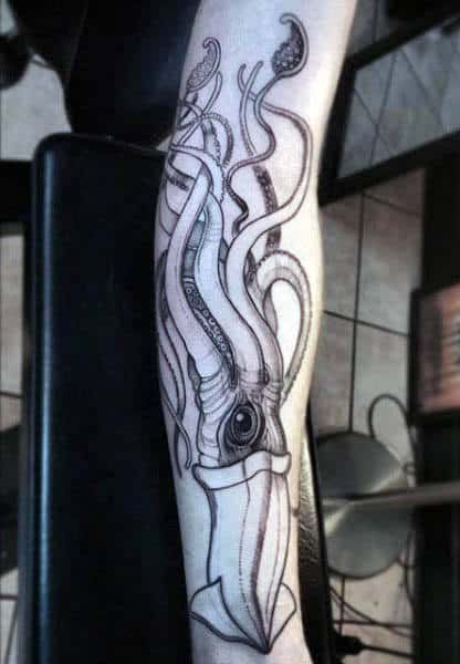 Creative Outline Mens Squid Tattoo Across Entire Forearm