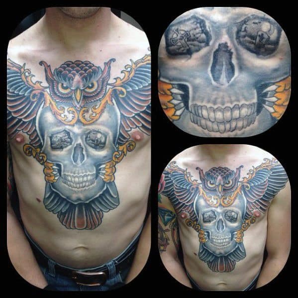 Creative Owl Chest Skull Tattoos For Men