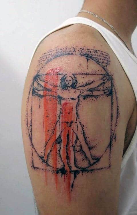Creative Paint Brush Stroke Vitruvian Man Guys Upper Arm Tattoos