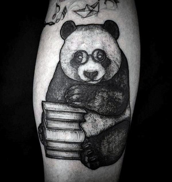 Creative Panda Bear With Stack Of Books Mens Leg Calf Tattoos