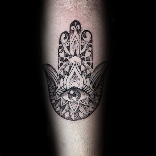 Creative Pattern Hamsa Hand Tattoo With Eye Design Mens Inner Forearm Ink Ideas