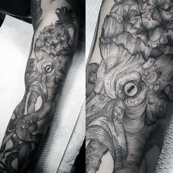 Creative Pineapple Octopus Full Arm Detailed Tattoos For Men