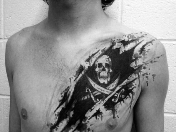 Creative Pirate Flag Watercolor Ripped Skin Tattoos For Men On Chest