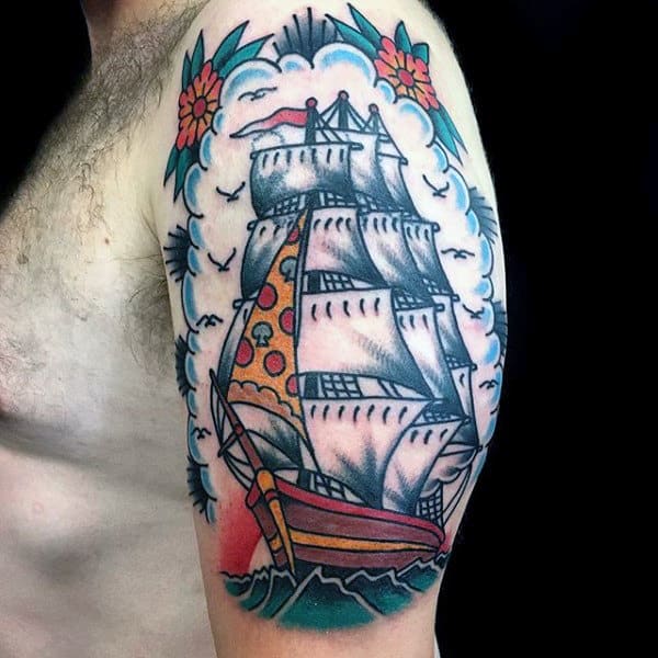 Creative Pizza Sail On Ship Mens Traditional Old School Arm Tattoo Ideas