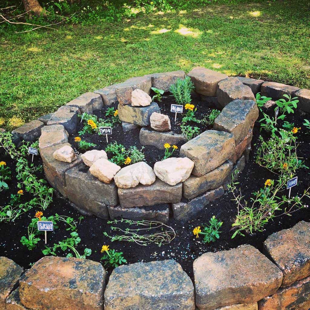 circular stone planter herb garden
