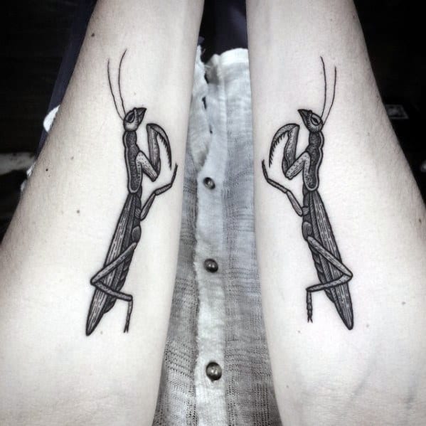 Creative Praying Mantis Tattoos For Men On Outer Forearms