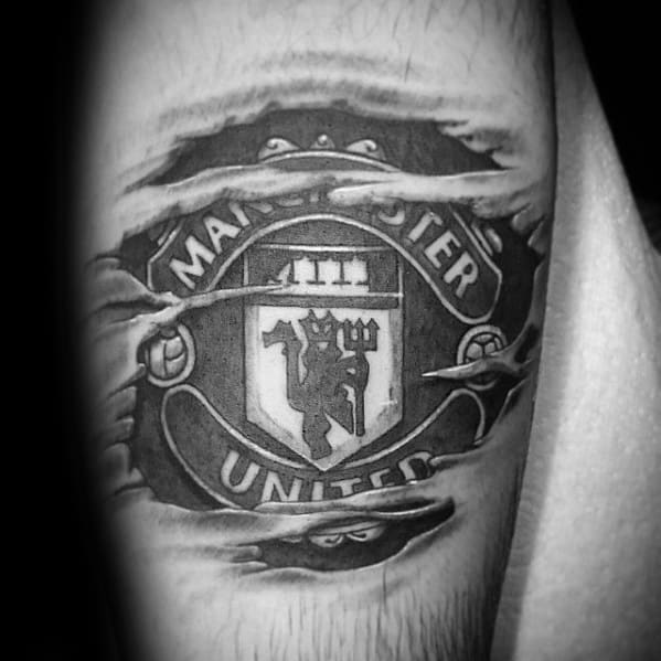 Creative Ripped Skin Arm Manchester United Tattoos For Men
