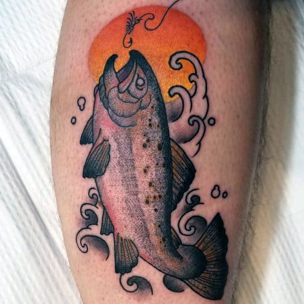 Colorful tattoo of a leaping salmon with waves and a fishing hook, set against an orange sun, symbolizing adventure and the thrill of the catch.