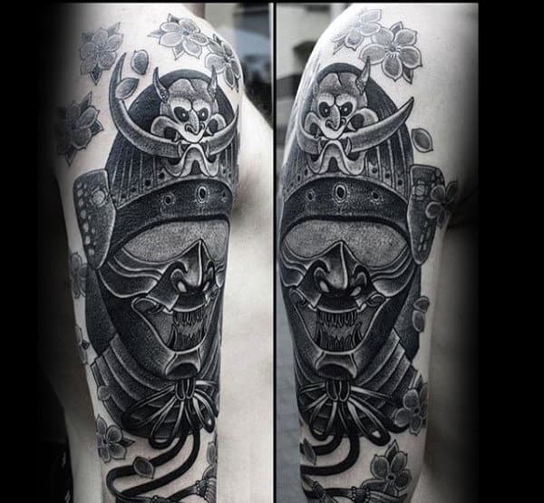 Creative Samurai Helmet Black And Grey Guys Arm Tattoo