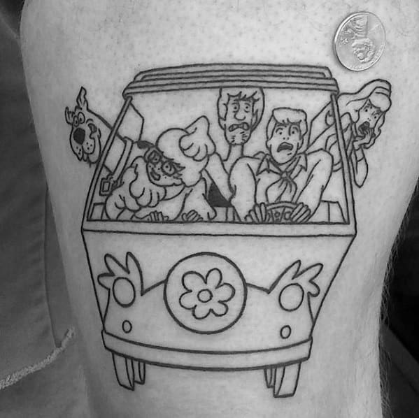 Black and white tattoo of the Scooby-Doo gang inside the Mystery Machine, all looking shocked or scared as they drive forward.