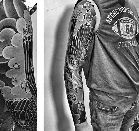 Creative Shaded Japanese Cloud Male Full Sleeve Tattoo Ideas