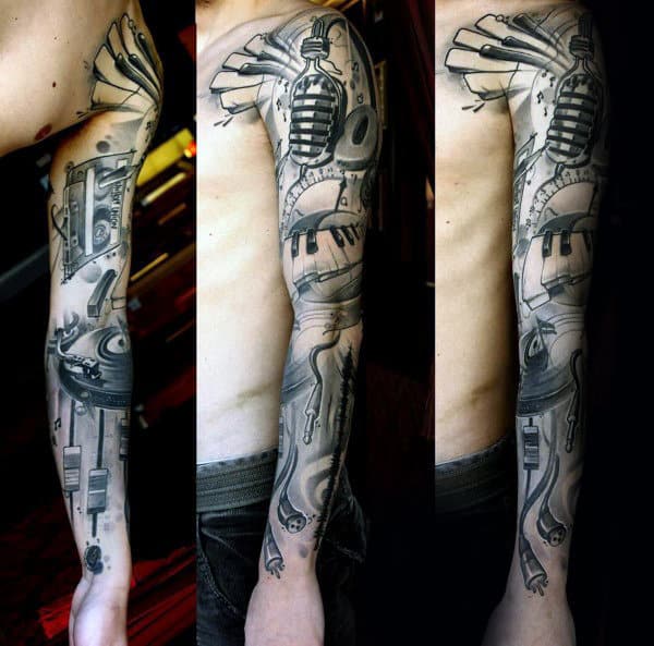 Creative Shaded Music Themed Mens Full Sleeve Tattoo Ideas