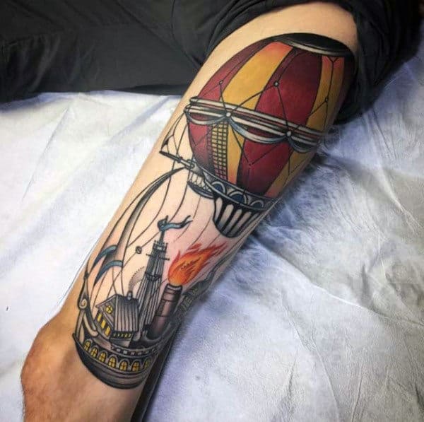 Creative Ship With Hot Air Balloon Mens Leg Tattoo Designs