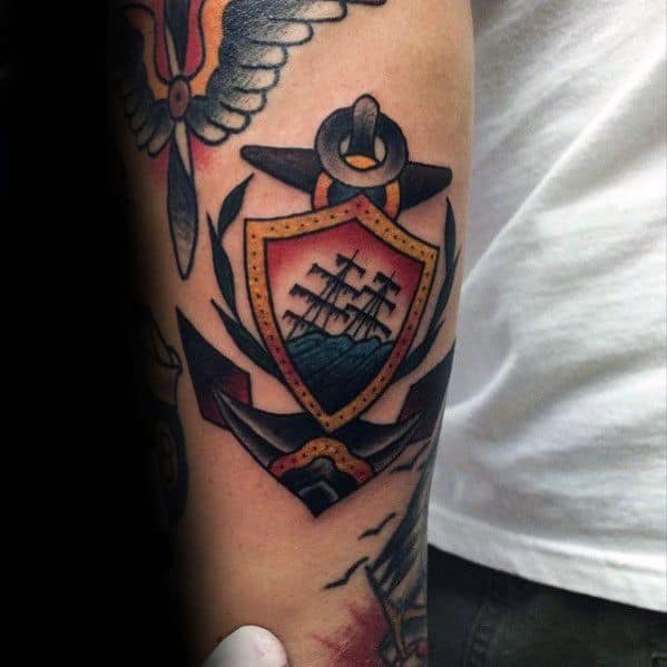 Creative Sinking Ship Small Traditional Anchor Arm Tattoos For Men
