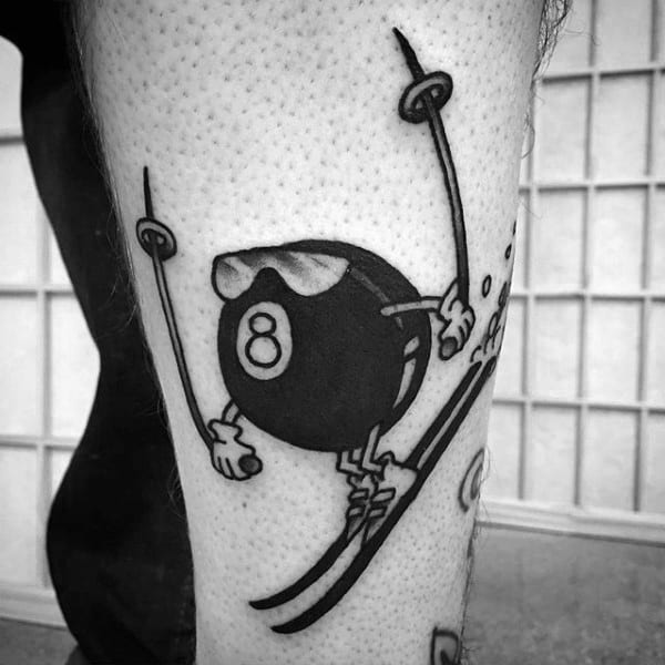 Creative Skiing 8 Ball Figure Mens Leg Tattoo