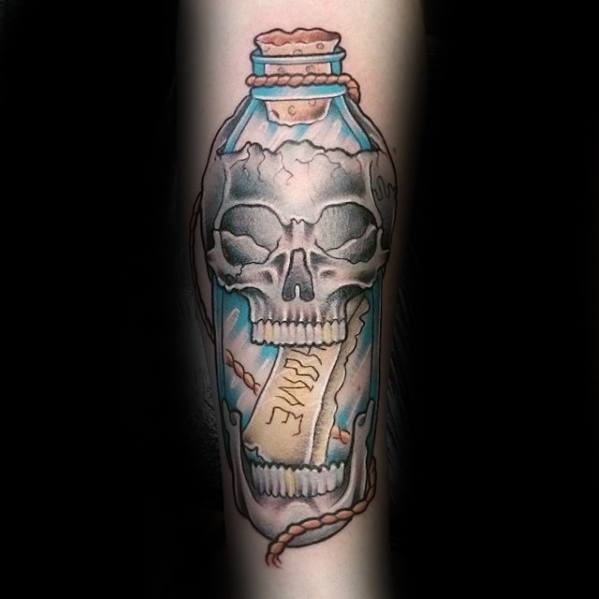 Creative tattoo of a skull inside a bottle with a 'HOME' message, surrounded by subtle shading and rope details.