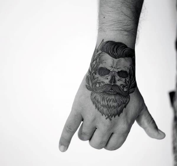 Creative Skull With Beard Guys Small Hand Tattoo