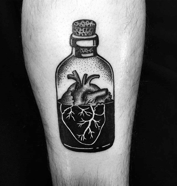Creative Small Manly Mens Heart In A Glass Bottle Forearm Tattoo