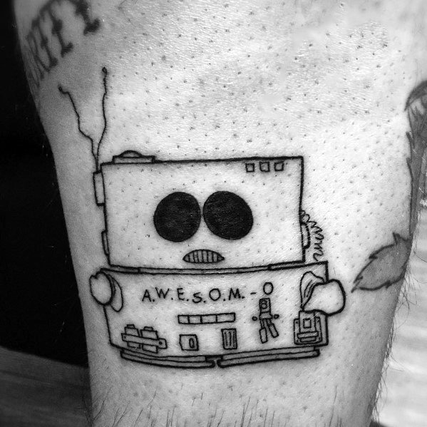 Black and white tattoo of A.W.E.S.O.M.-O from South Park, featuring bold outlines and a mechanical design for a clean, minimalist look.