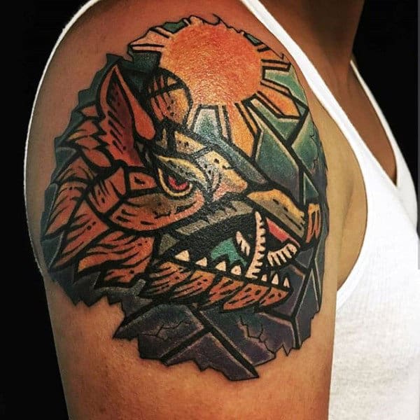 Creative Stained Glass Hog Tattoo With Rising Sun On Guys Upper Arm