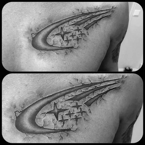 Black and grey Subaru logo tattoo on the chest with a 3D ripped skin effect, revealing the iconic six-star emblem underneath.