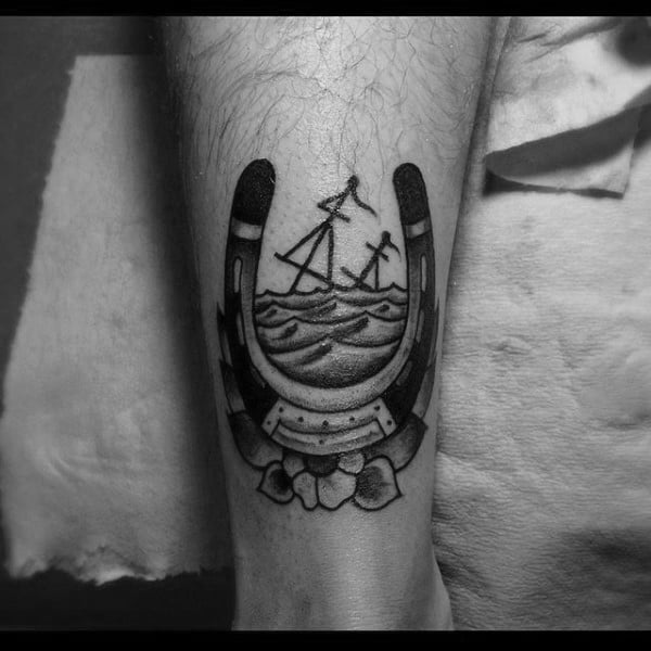 Creative Sunken Ship Horseshoe Mens Lower Leg Tattoos