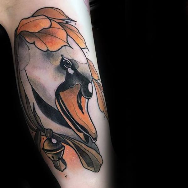 Abstract swan tattoo with bold black lines and orange watercolor accents, blending elegance with a modern artistic twist.