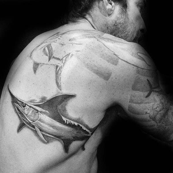 Creative Swimming Swordfish Back Tattoos For Men