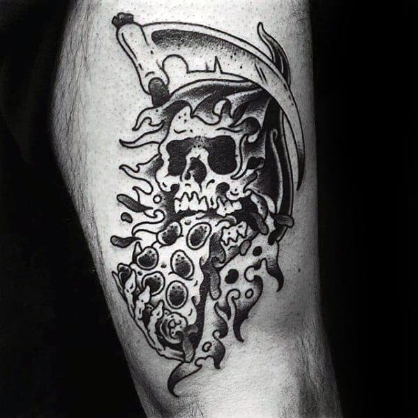 Creative Thigh Grim Reaper Pizza Tattoos For Men
