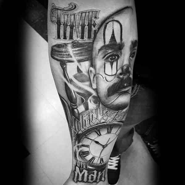 Realistic black and grey tattoo featuring a man's face, melting clock, hourglass, and the phrase Time Waits for No Man.