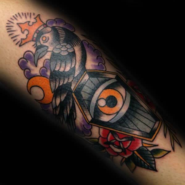 Creative Traditional Coffin And Eye Tattoo On Gentleman