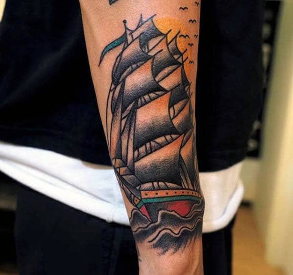 Creative Traditional Sailboat Wrist Tattoo On Man