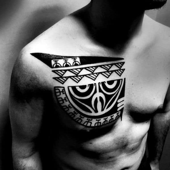 Creative Tribal Bird Owl Head Mens Chest Tattoo